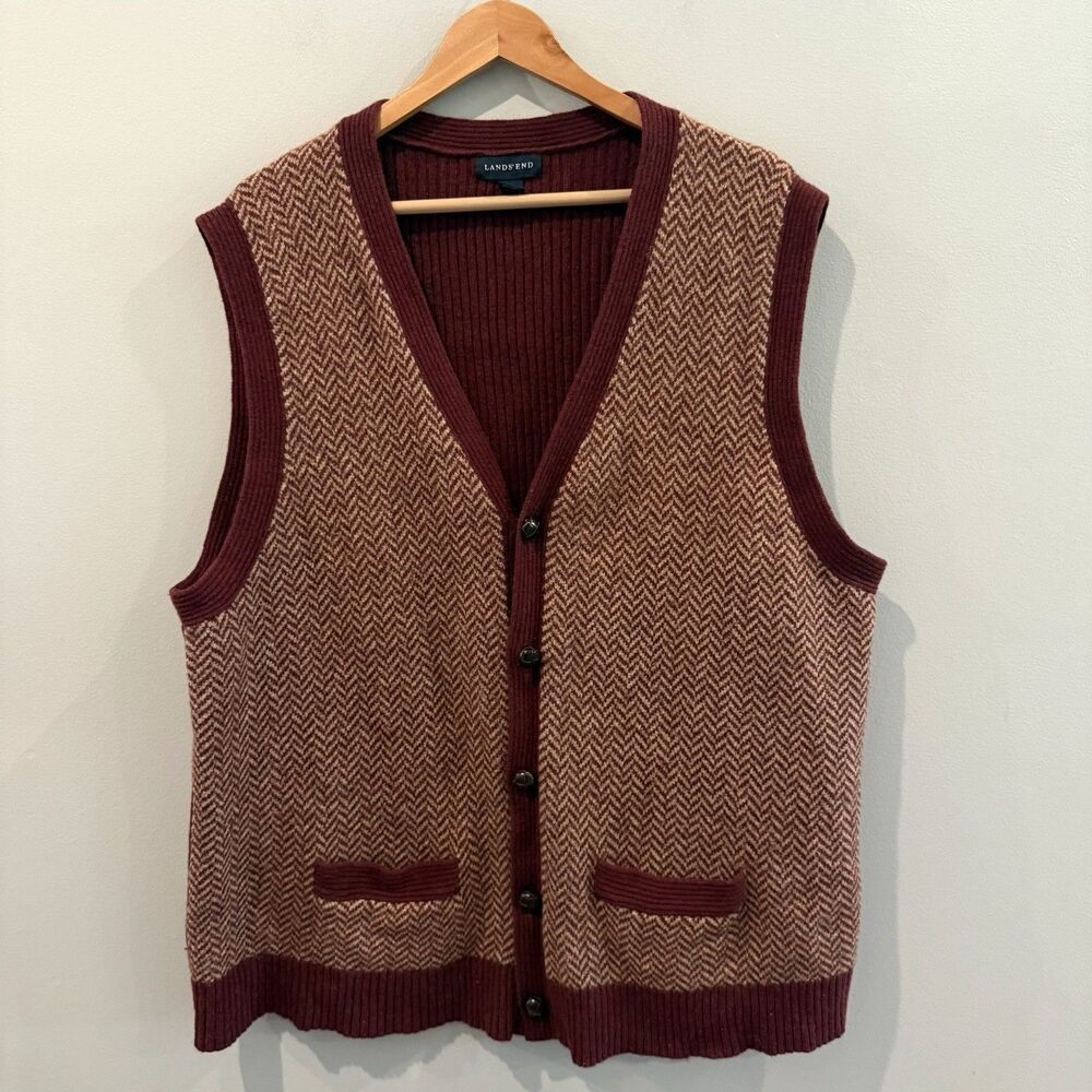 Lands End Men Sweater Vest XXL Burgundy Herringbone Wool Blend Button V Neck